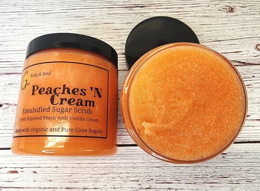 Emulsified Sugar Scrub Peaches 'N Cream 10oz. Paraben Free Made with Organic and Pure Cane Sugar